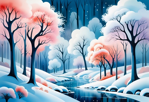 snowy landscape with trees and stream in the middle of a snowy forest