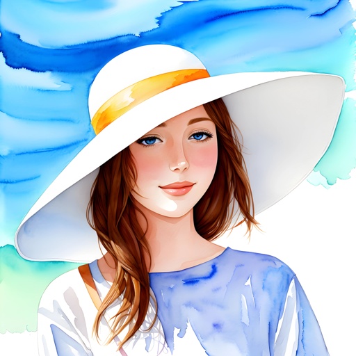 painting of a woman wearing a white hat and blue shirt