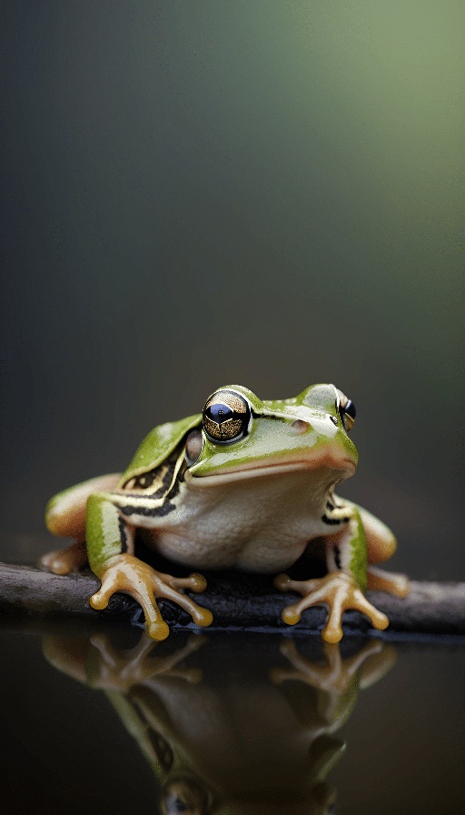 frog sitting on a branch with its reflection in the water