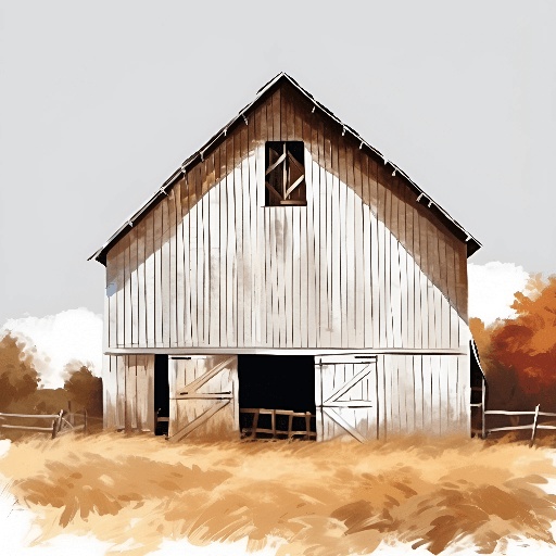 a painting of a barn with a horse in the doorway