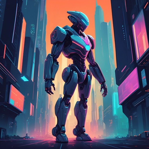 futuristic robot standing in a city at sunset