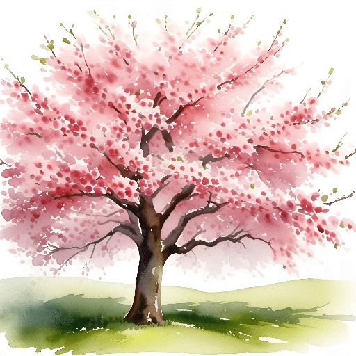 painting of a tree with pink flowers in a grassy field