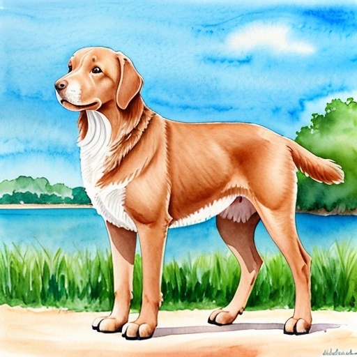 painting of a dog standing on a beach next to a body of water