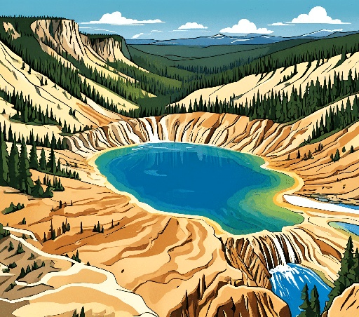 a drawing of a blue lake in the middle of a mountain