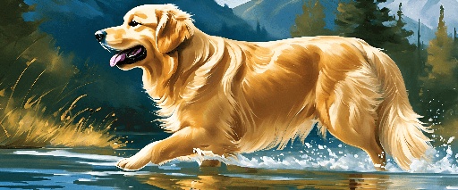 painting of a golden retriever running through a river with a mountain in the background