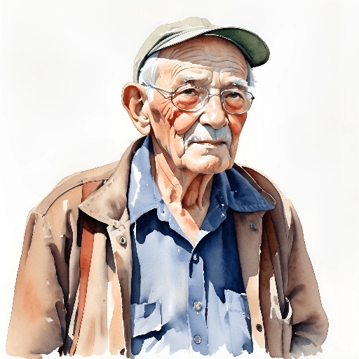 painting of an old man wearing a hat and glasses