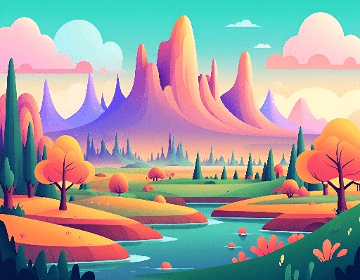 a cartoon illustration of a mountain landscape with a river and trees