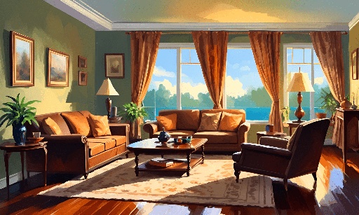 painting of a living room with a couch, chair, coffee table and a window