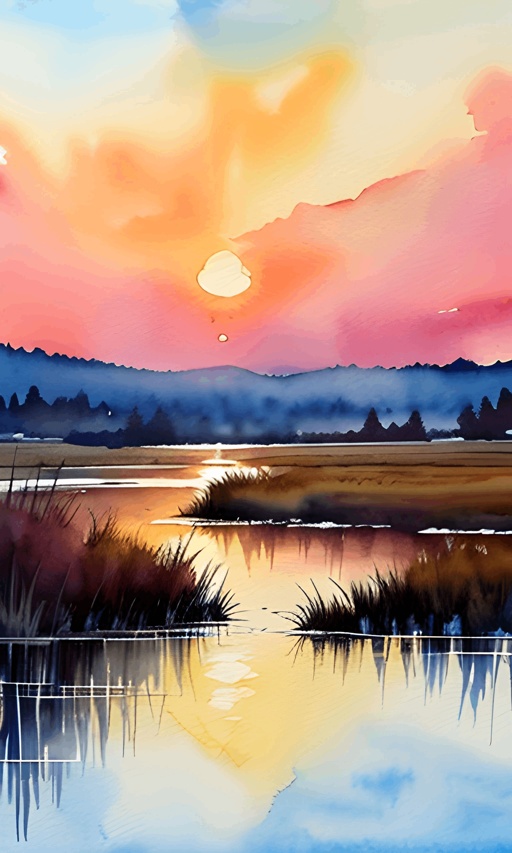 painting of a sunset over a marsh with a bird flying over it