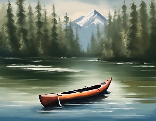 painting of a canoe on a lake with a mountain in the background