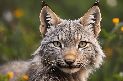 lynx with green eyes and long ears in a field of flowers
