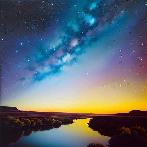 starry sky with a river and a mountain in the distance