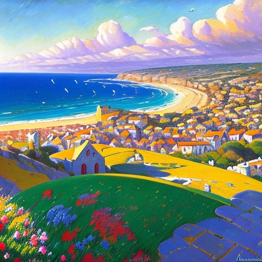 painting of a view of a beach and a town with a lighthouse