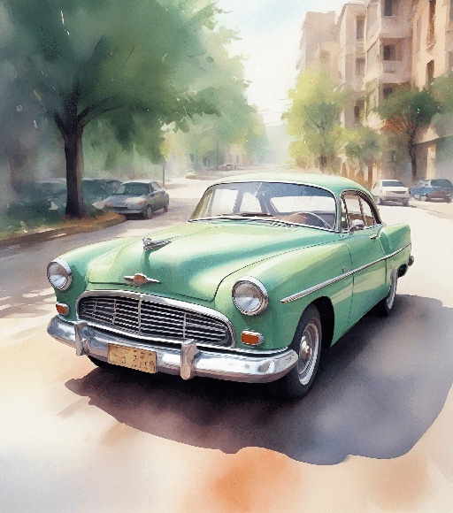 painting of a green car driving down a street in a city