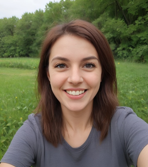 smiling woman taking a selfie in a field of green grass