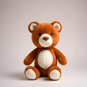 a brown teddy bear sitting on a white surface