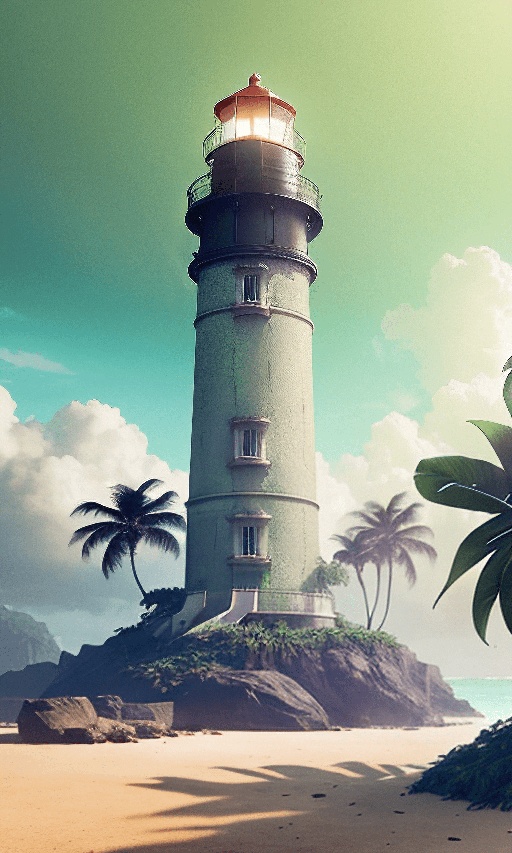 a lighthouse on a small island with palm trees