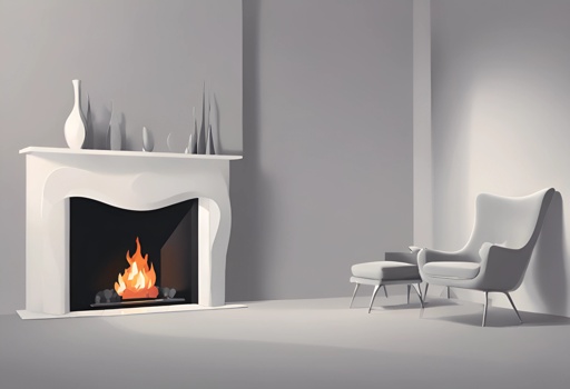 a fireplace in a room with a chair and a vase