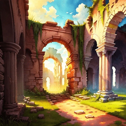 a painting of a stone archway with a sky background