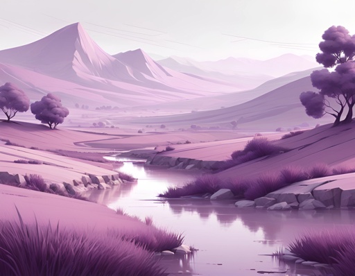 purple landscape with a river and trees in the foreground