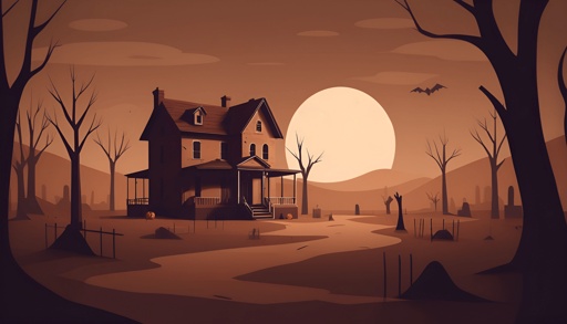illustration of a creepy house in a spooky landscape with a full moon