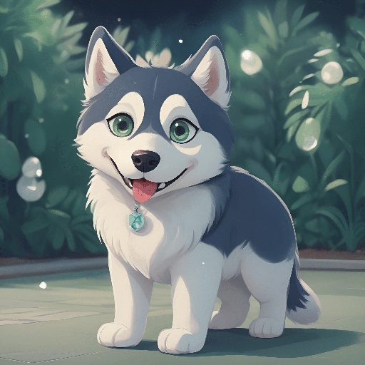 a cartoon husky dog standing in the grass with bubbles