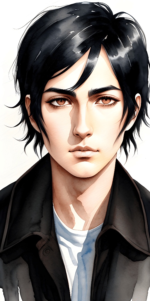 anime - style portrait of a man with black hair and a white shirt