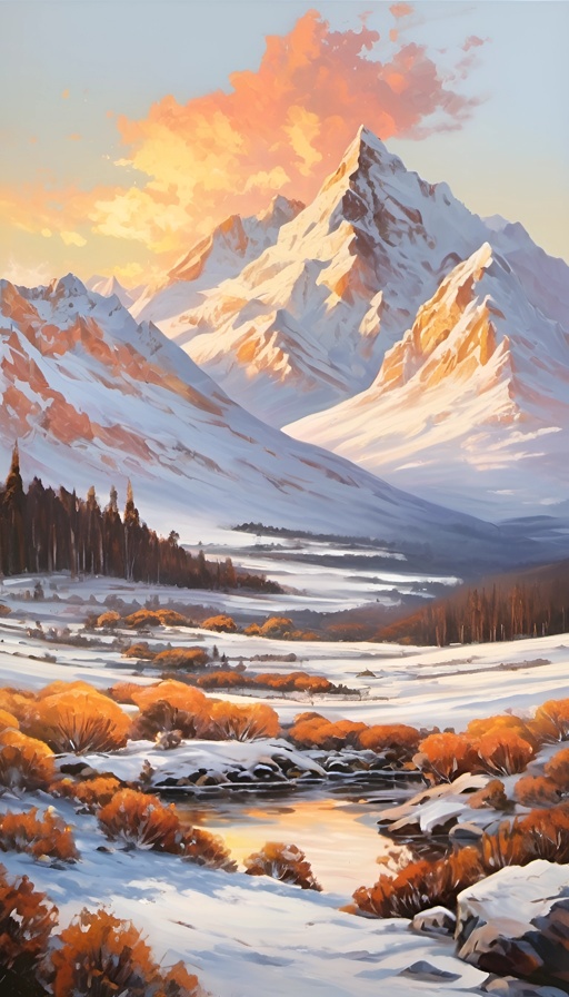 painting of a mountain landscape with a river and a snow covered mountain