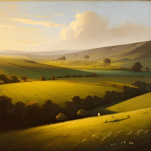 painting of a landscape of a hilly area with sheep grazing