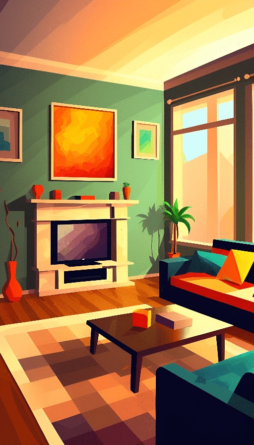 a cartoon illustration of a living room with a couch and a television