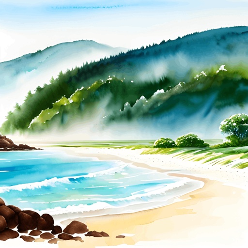 painting of a beach with a mountain in the background