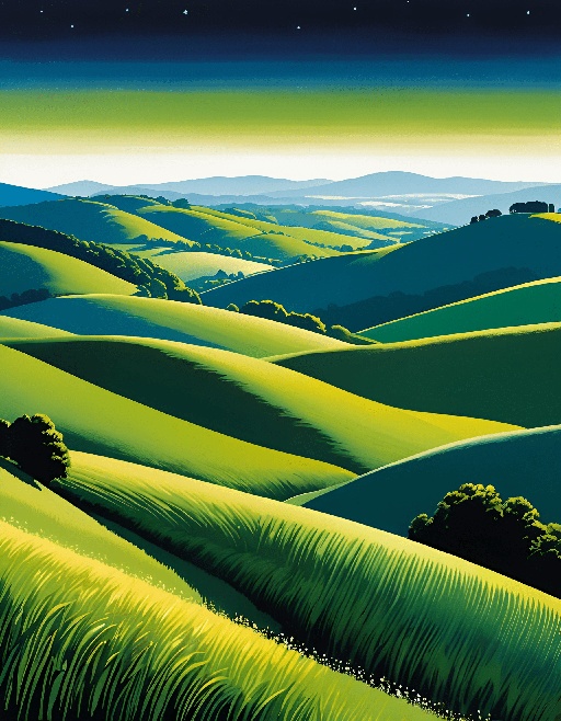a painting of a green landscape with hills and trees