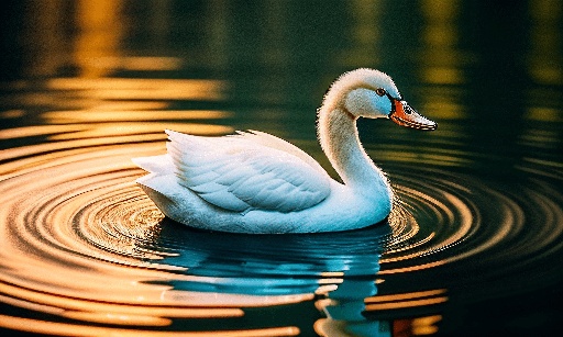 a white swan swimming in a pond with ripples