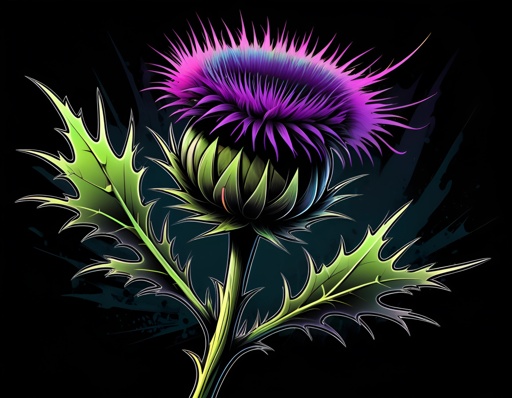 purple flower with green leaves on a black background