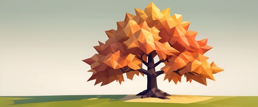 a low polygonal tree with orange leaves on a green field