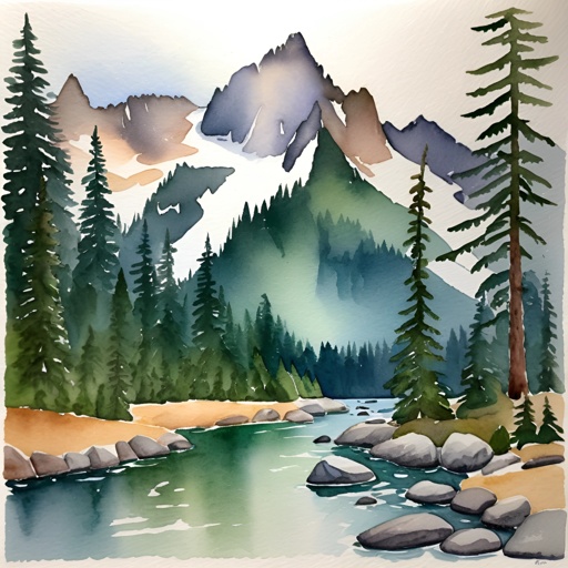 painting of a mountain scene with a river and trees
