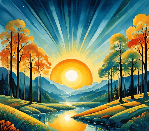 painting of a sunset over a river with trees and mountains