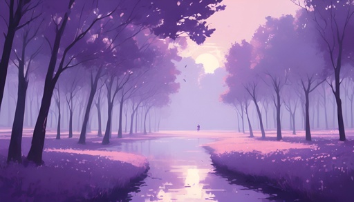 purple trees and a person walking on a path in a purple forest
