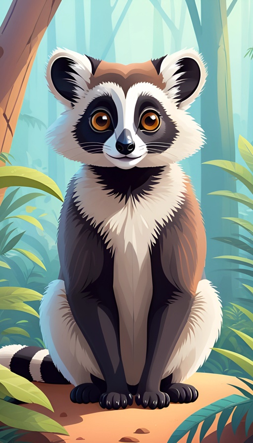 a cartoon picture of a lemur sitting on a tree stump