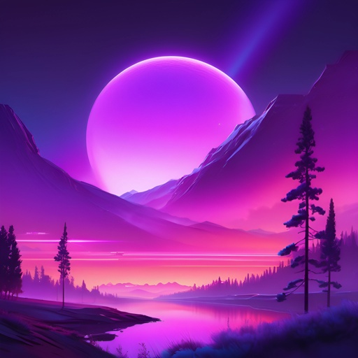 a purple sunset with a mountain and lake in the foreground