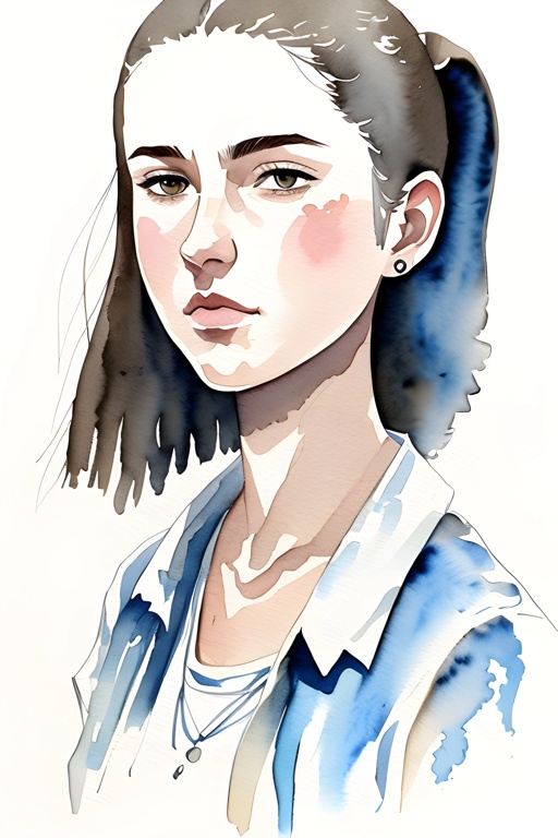 a watercolor painting of a woman with a ponytail
