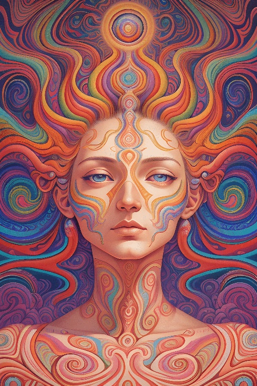 a painting of a woman with a psychedelic look on her face