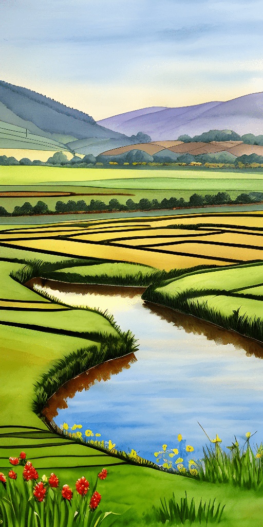 painting of a river running through a lush green field with a mountain in the background