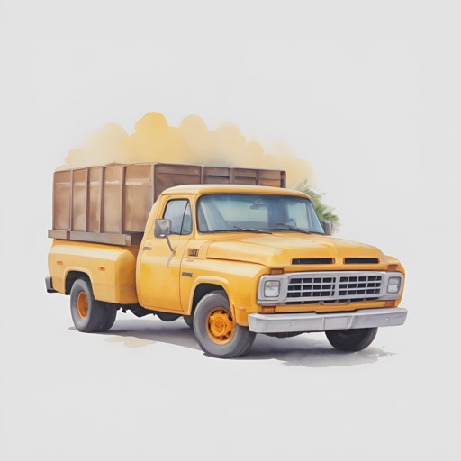 a painting of a yellow truck with a brown trailer