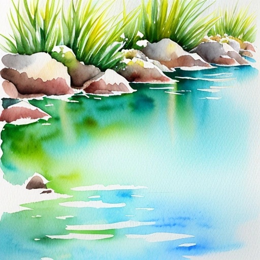 painting of a river with rocks and grass in the water