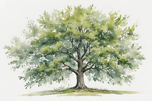 a watercolor painting of a tree with green leaves