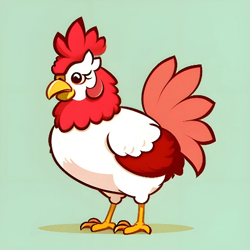 cartoon illustration of a red and white rooster standing on a green background