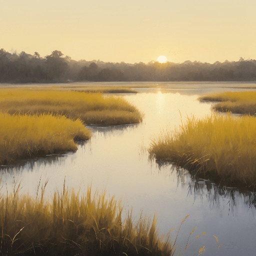 painting of a marshy marshy area with a river and a sunset
