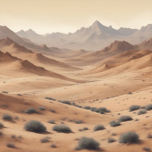 a desert with a few bushes in the middle of it