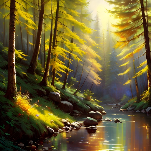 painting of a stream in a forest with rocks and trees